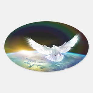 Dove of Peace Holy Spirit over Earth with Rainbow. Oval Sticker
