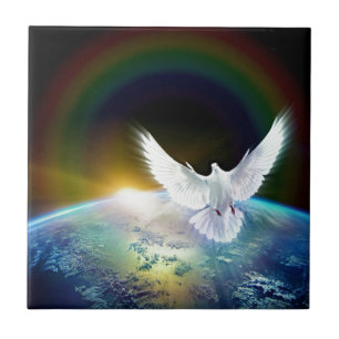Dove of Peace Holy Spirit over Earth with Rainbow. Tile