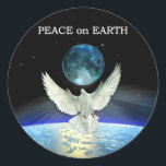 Dove of Peace over Planet Earth Classic Round Stic Classic Round Sticker<br><div class="desc">A white Dove of Peace hovers over Planet Earth with the moon as its backdrop. The dove is a universal symbol of peace and is a hopeful image for the Christmas and Hanukkah holidays, for New Year, and for every day of the year, as we extend our wishes for world...</div>
