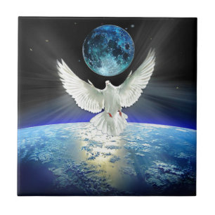 Dove of Peace over Planet Earth Sunrise Ceramic Tile