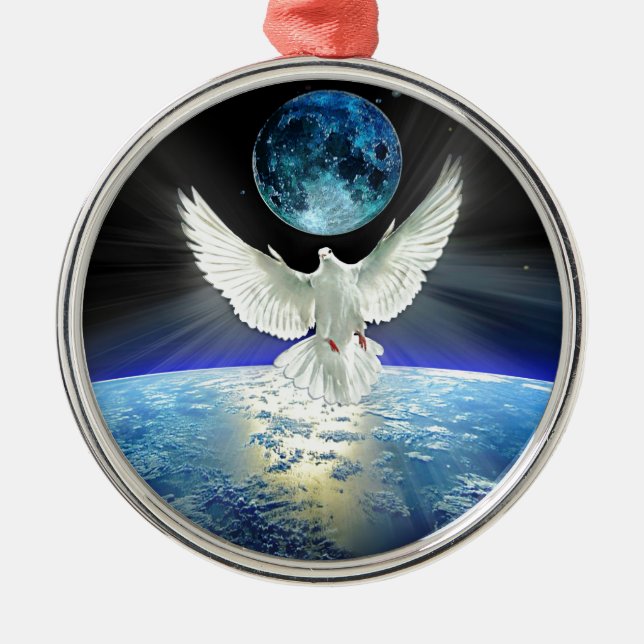 Dove of Peace over Planet Earth Sunrise Metal Ornament (Front)