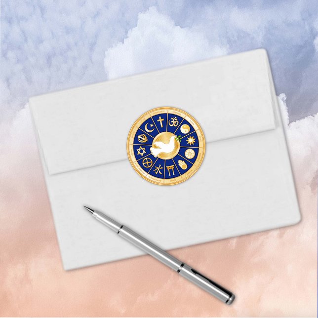 Dove of Peace Round Sticker (Dove of Peace Round Sticker.
Gold icons of world faiths surrounding the Dove of Peace.)