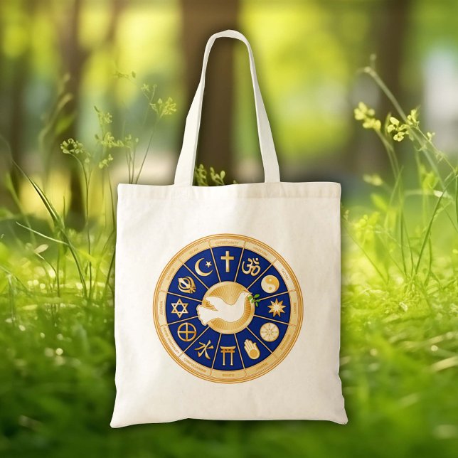 Dove of Peace Tote Bag (Dove of Peace Tote Bag.
Inspirational art. Gold icons of world faiths surround the Dove of Peace.)
