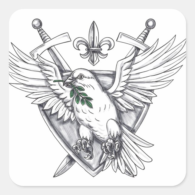 Dove Olive Leaf Sword Crest Tattoo Square Sticker (Front)