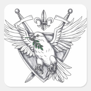 Dove Olive Leaf Sword Crest Tattoo Square Sticker