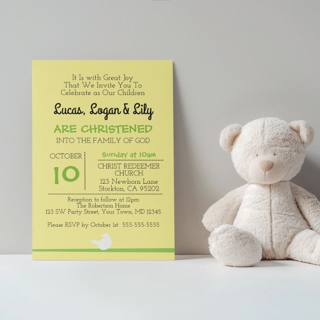 Dove on Branch Yellow Christening Invitation (Creator Uploaded)