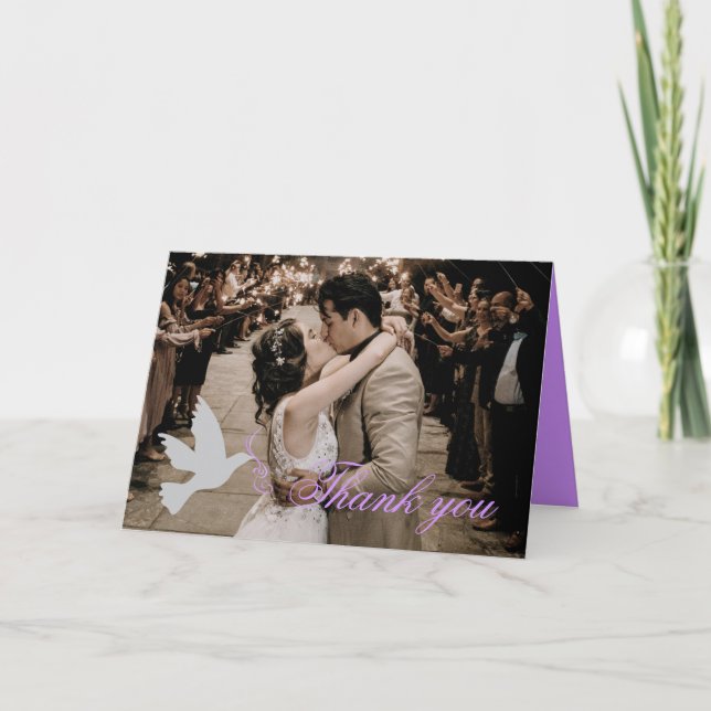 Dove purple photo wedding thank you card (Front)