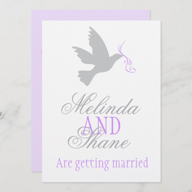 Dove purple ribbon formal couple wedding invite (Front/Back)