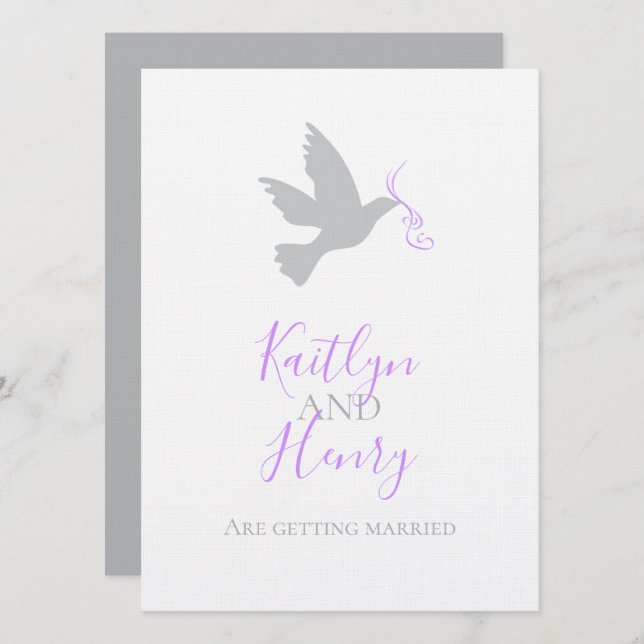 Dove purple ribbon formal simple wedding invites (Front/Back)
