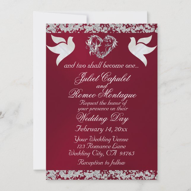 Dove, Silver Heart & Glitter, QR Code - Burgudy Invitation (Front)