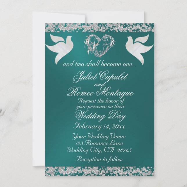 Dove, Silver Heart & Glitter, QR Code - Teal Invitation (Front)