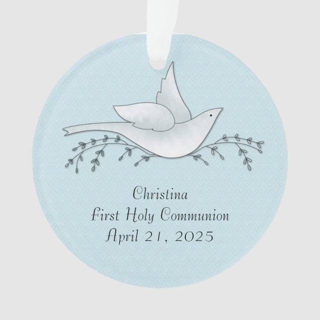 Dove with Branches, Blue, First Communion Ornament (Front)