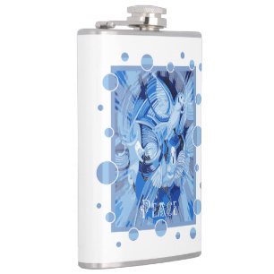 Dove With Celtic Peace Text In Blue Tones Hip Flask