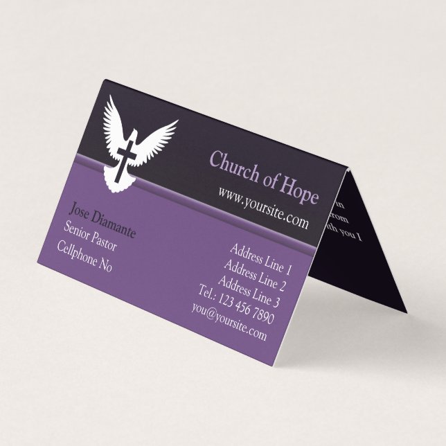 Dove with Cross Dark Purple Folded Busine Business Card (Front)