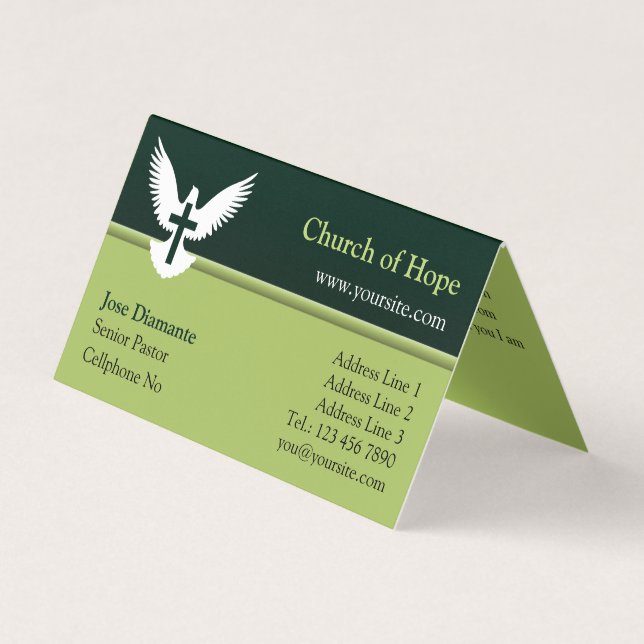 Dove with Cross Forest Green Folded Busin Business Card (Front)