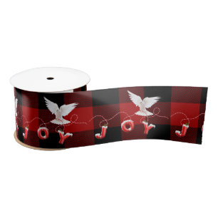 Dove with Joy Text on Buffalo Plaid Satin Ribbon