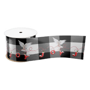 Dove with Joy Text on Buffalo Plaid Satin Ribbon
