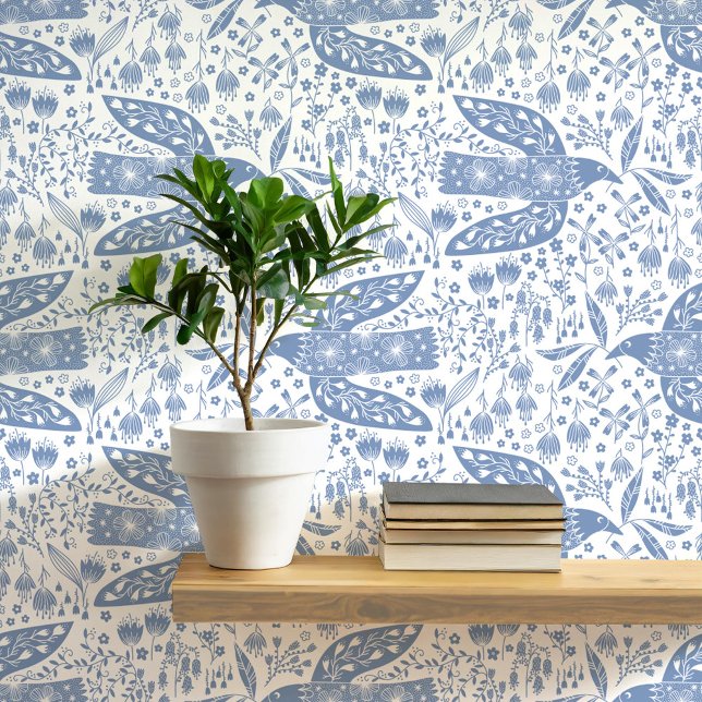 Doves and Flowers Blue and White Bird Art Wallpaper (Doves and flowers bird art peel and stick wallpaper)