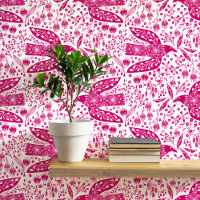 Doves and Flowers Magenta Pink and White Bird Art