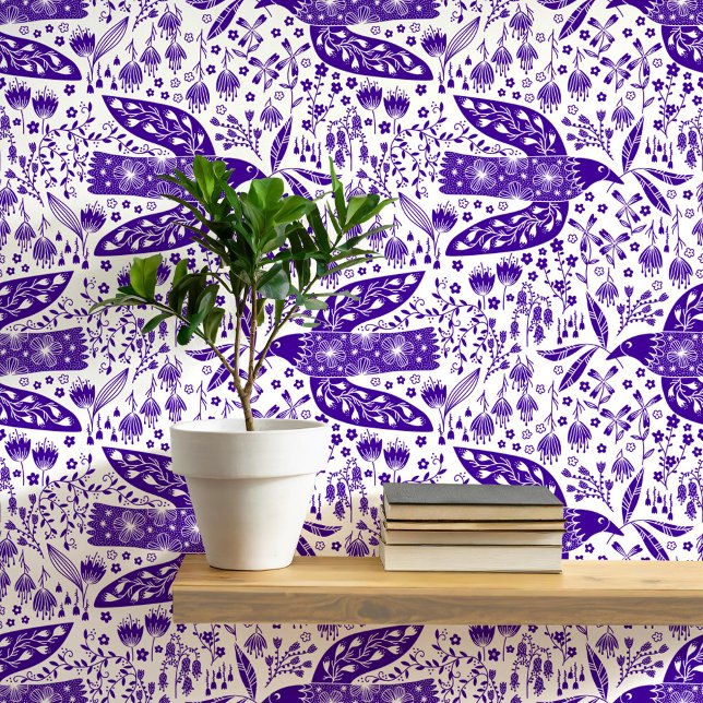 Doves and Flowers Purple and White Bird Art Wallpaper (Doves and flowers bird art peel and stick wallpaper)