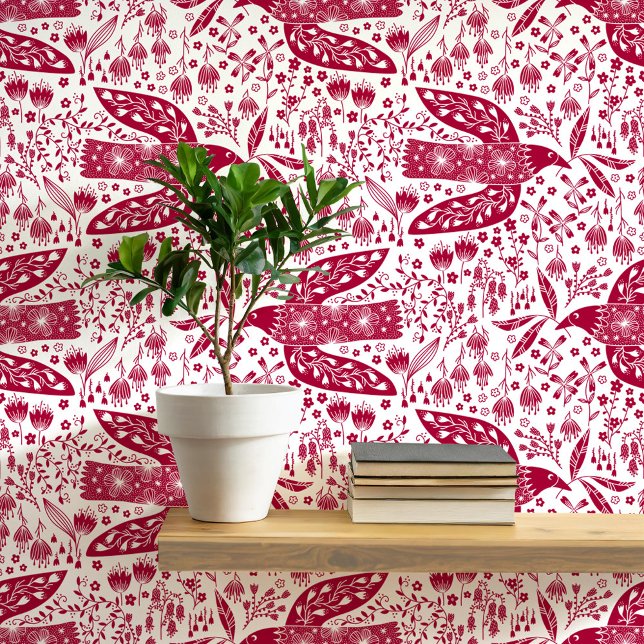 Doves and Flowers Red and White Bird Art Wallpaper (Doves and flowers bird art peel and stick wallpaper)
