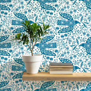 Doves and Flowers Teal and White Bird Art Wallpaper