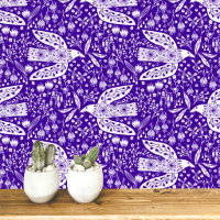Doves and Flowers White on Purple Bird Art