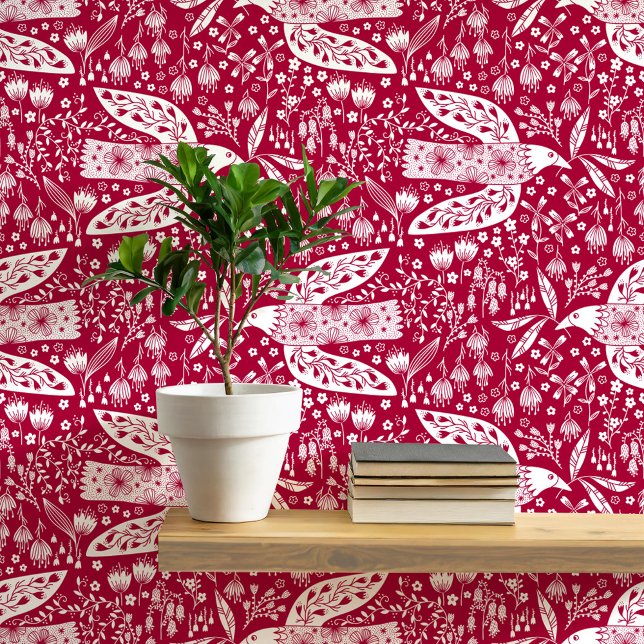 Doves and Flowers White on Red Bird Art Wallpaper (Doves and Flowers pretty folk art style bird and botanical floral pattern peel and stick wallpaper)