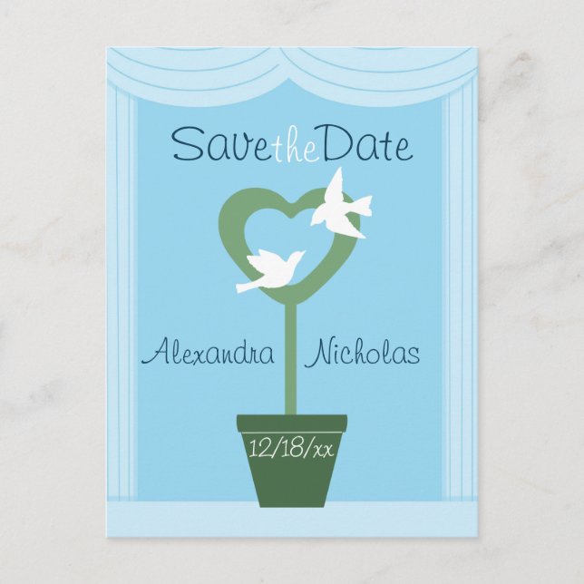Doves and Heart Topiary Save the Date Postcard (Front)