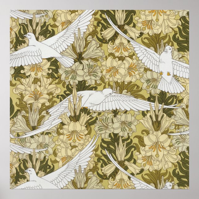 Doves and Lilies,Floral & Birds Art Nouveau Poster (Front)