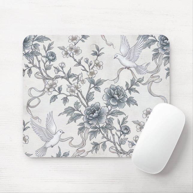 Doves and Peony Flowers with Ribbons Mouse Pad (With Mouse)
