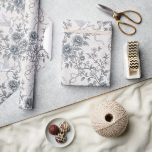 Doves and Peony Flowers with Ribbons Wrapping Paper