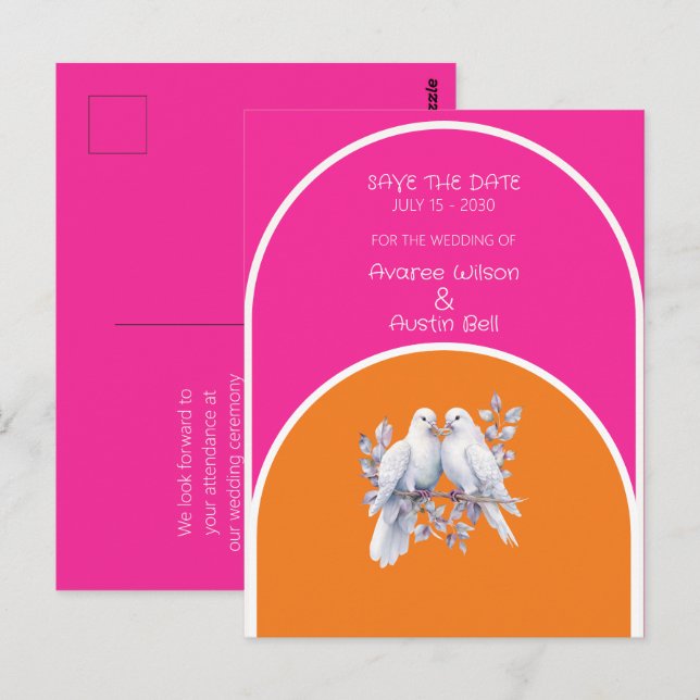 Doves and Rings Hot Pink and Tangerine Arched Postcard (Front/Back)