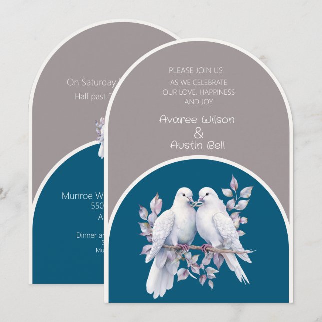 Doves and Rings Light Grey and Ocean Blue Arches  Invitation (Front/Back)