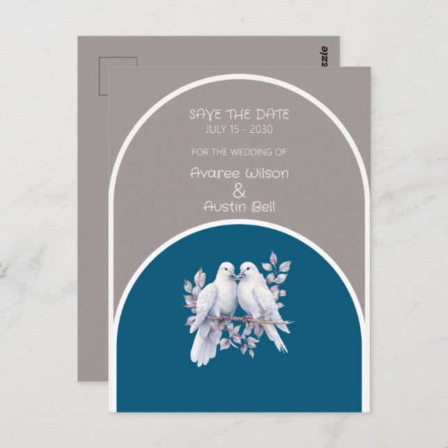 Doves and Rings Light Grey and Ocean Blue Arches  Postcard (Front/Back)