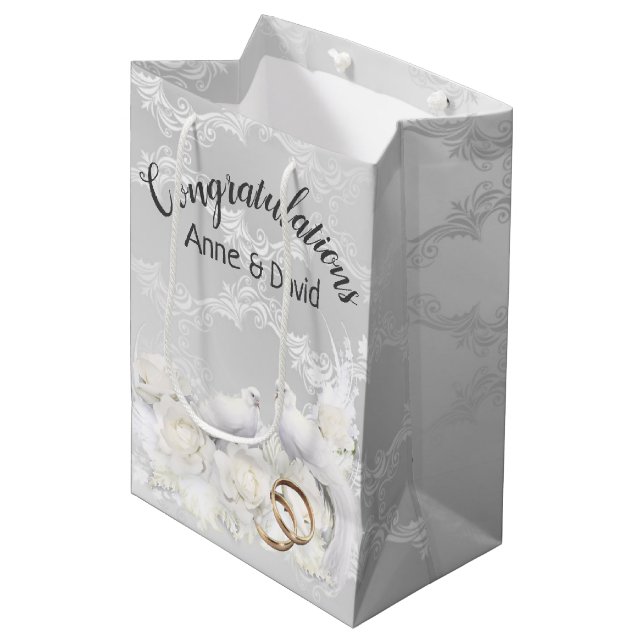 Doves and Wedding Rings On White Satin Damask Medium Gift Bag (Front Angled)