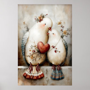 Doves Couple Wall Art, Romantic Dove Illustration Poster