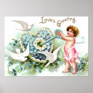 Doves, Cupid, Key and Heart Vintage Valentine Poster