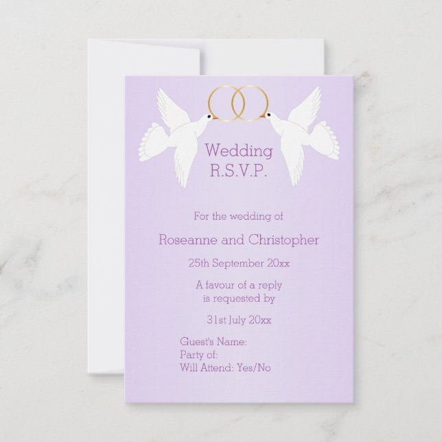 Doves Design Lilac Coloured Wedding RSVP Card (Front)