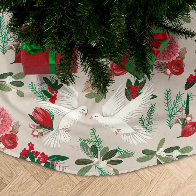Doves floral Christmas beige Brushed Polyester Tree Skirt (Creator Uploaded)