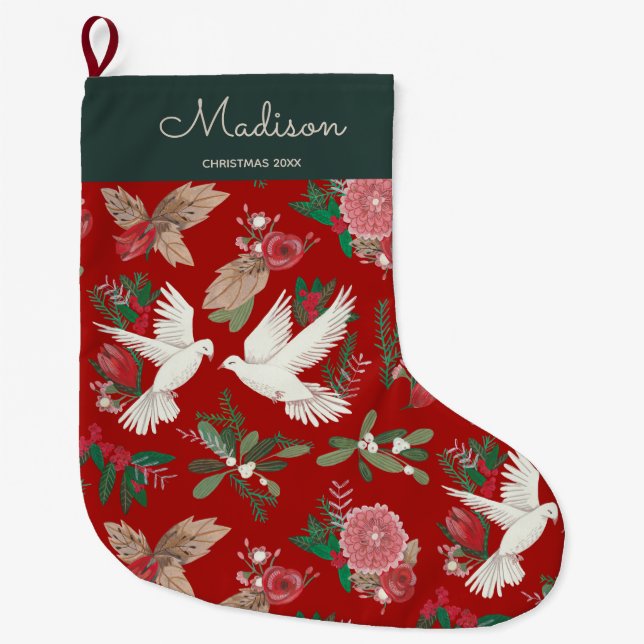 Doves floral Christmas Large Christmas Stocking (Front)
