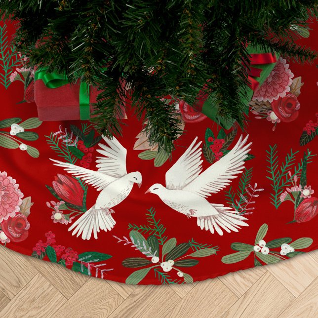 Doves floral Christmas red Brushed Polyester Tree Skirt (Creator Uploaded)