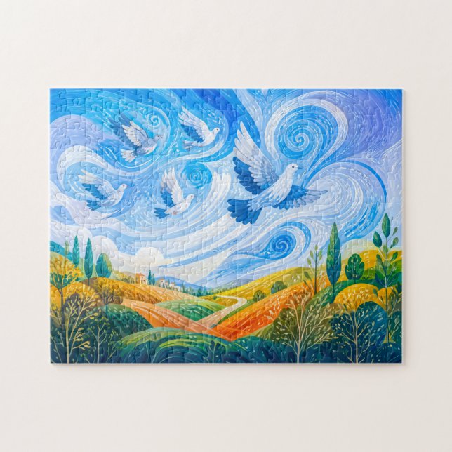 Doves gliding in wind over hillside outskirts jigsaw puzzle (Horizontal)