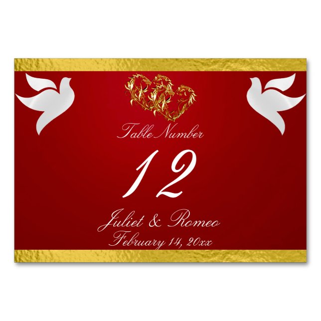 Doves & Heart - Crimson Red/Gold Table Number (Front)