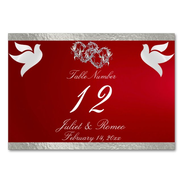 Doves & Heart - Crimson/Silver Table Number (Front)
