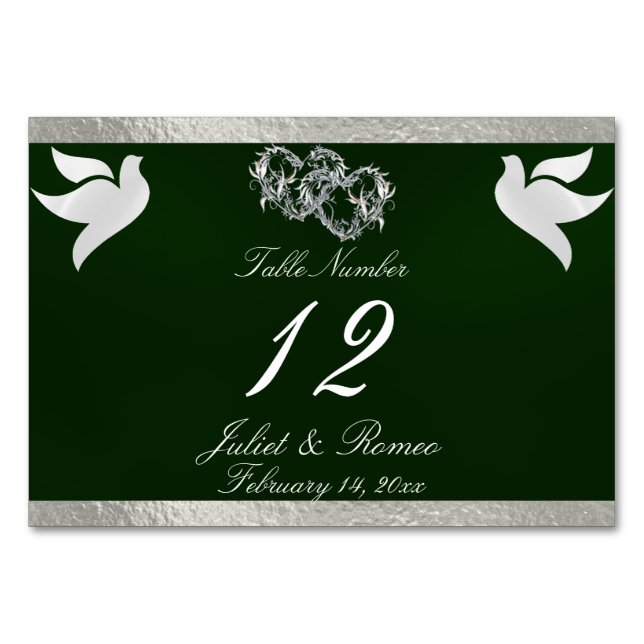 Doves & Heart - Emerald/Silver Table Number (Front)