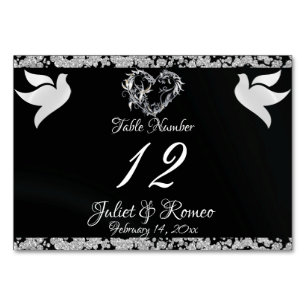 Doves, Heart & Glitter - Black Table Number