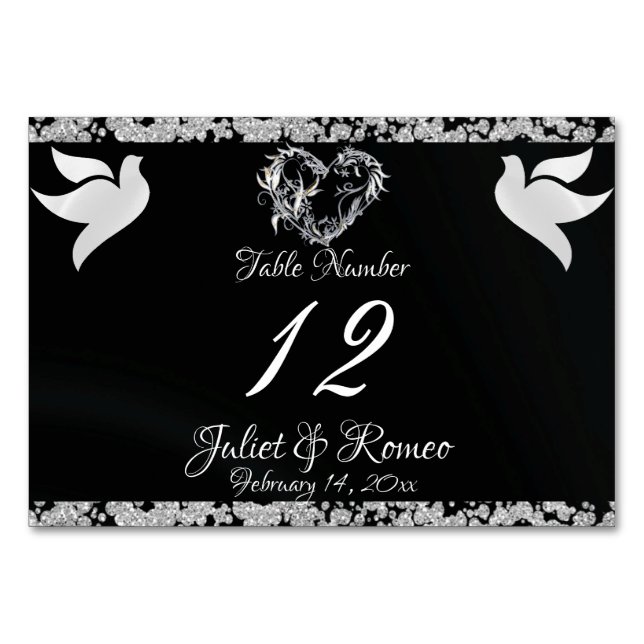 Doves, Heart & Glitter - Black Table Number (Front)