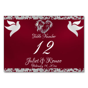 Doves, Heart & Glitter - Burgundy Table Number