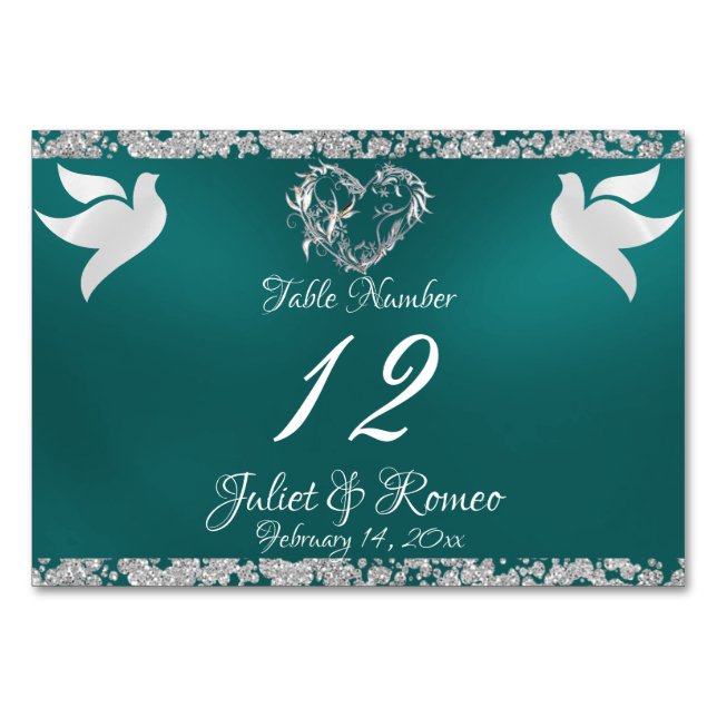 Doves, Heart & Glitter - Teal Table Number (Front)